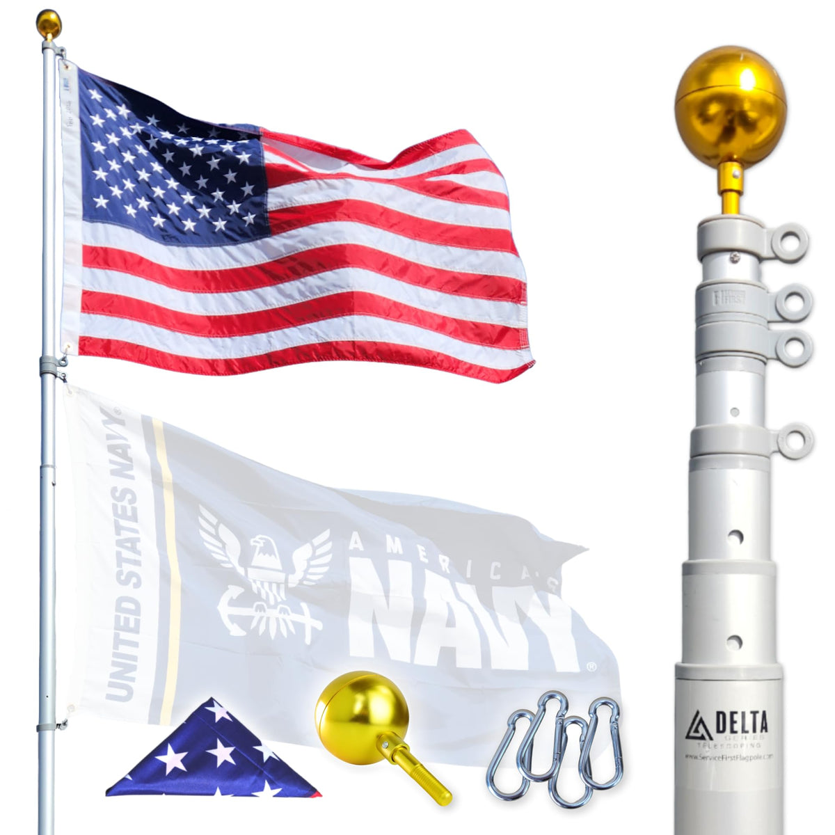 Service First silver 20ft flagpole kit assembled for outdoor display