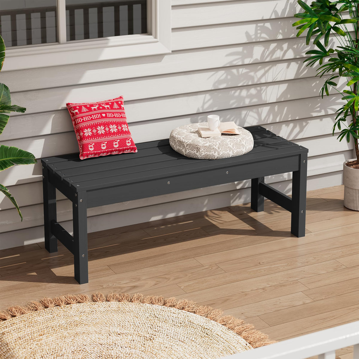 SERWALL black finish outdoor bench complements modern spaces