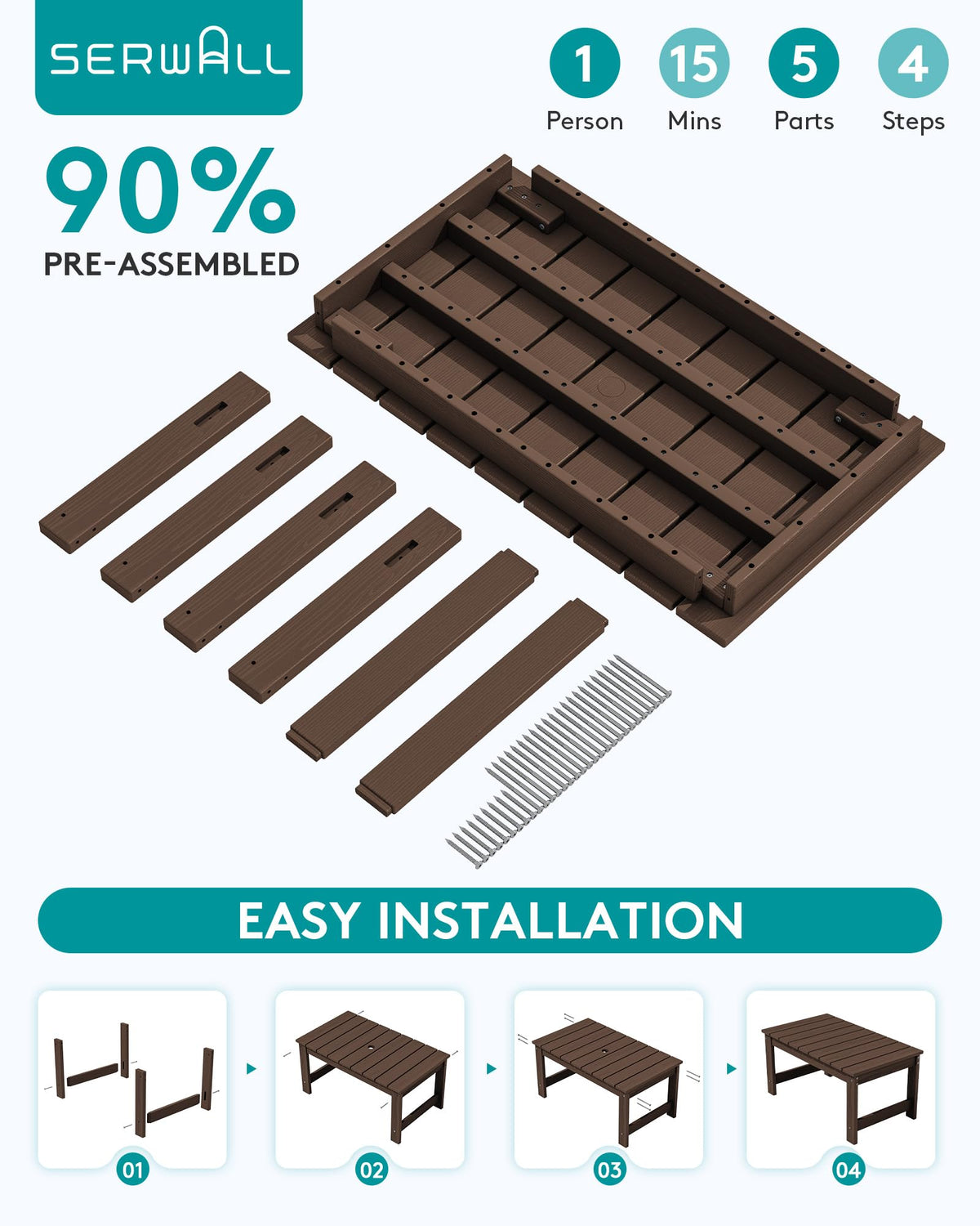 SERWALL indoor-outdoor coffee table suits patios, decks, and living spaces.