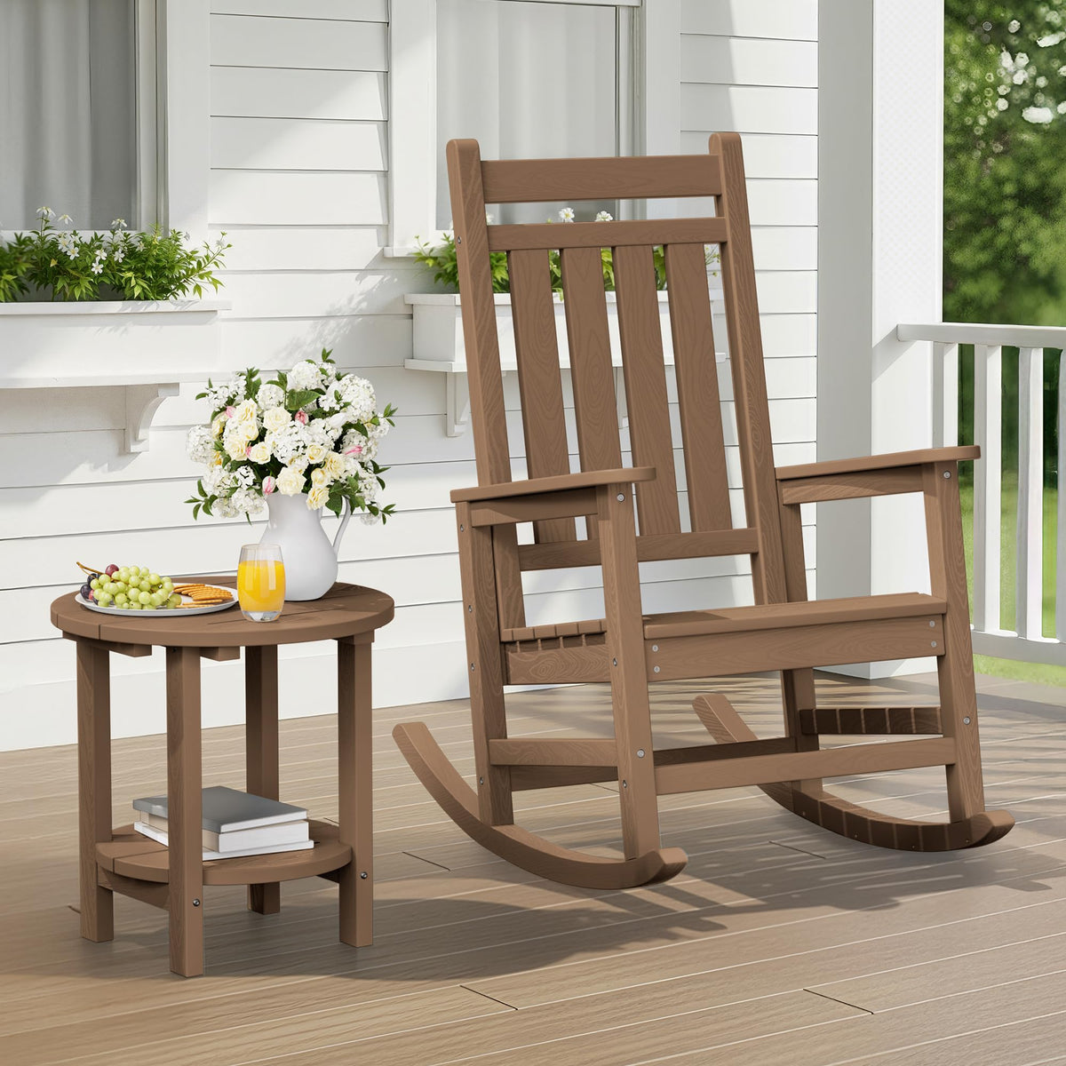 SERWALL Outdoor Side Table close-up shows wood-like texture and weather-ready finish.