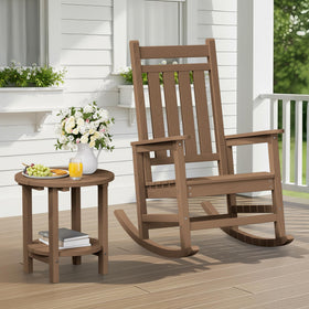 SERWALL Outdoor Side Table close-up shows wood-like texture and weather-ready finish.