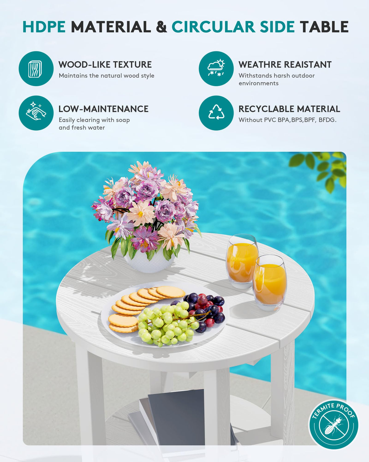 SERWALL round outdoor side table in white finish complements patio decor