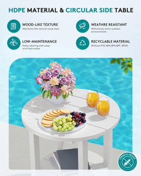 SERWALL round outdoor side table in white finish complements patio decor