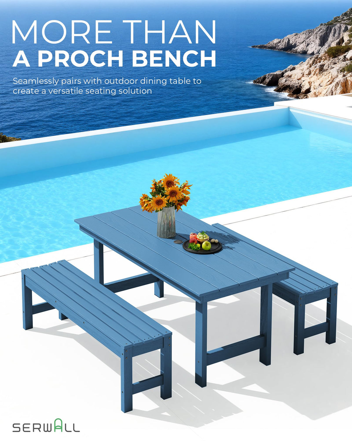 SERWALL bench features stainless steel hardware for lasting stability