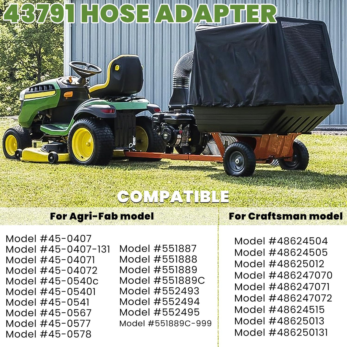 sevencow 43791 connects to Agri-Fab vacuums for efficient debris collection.