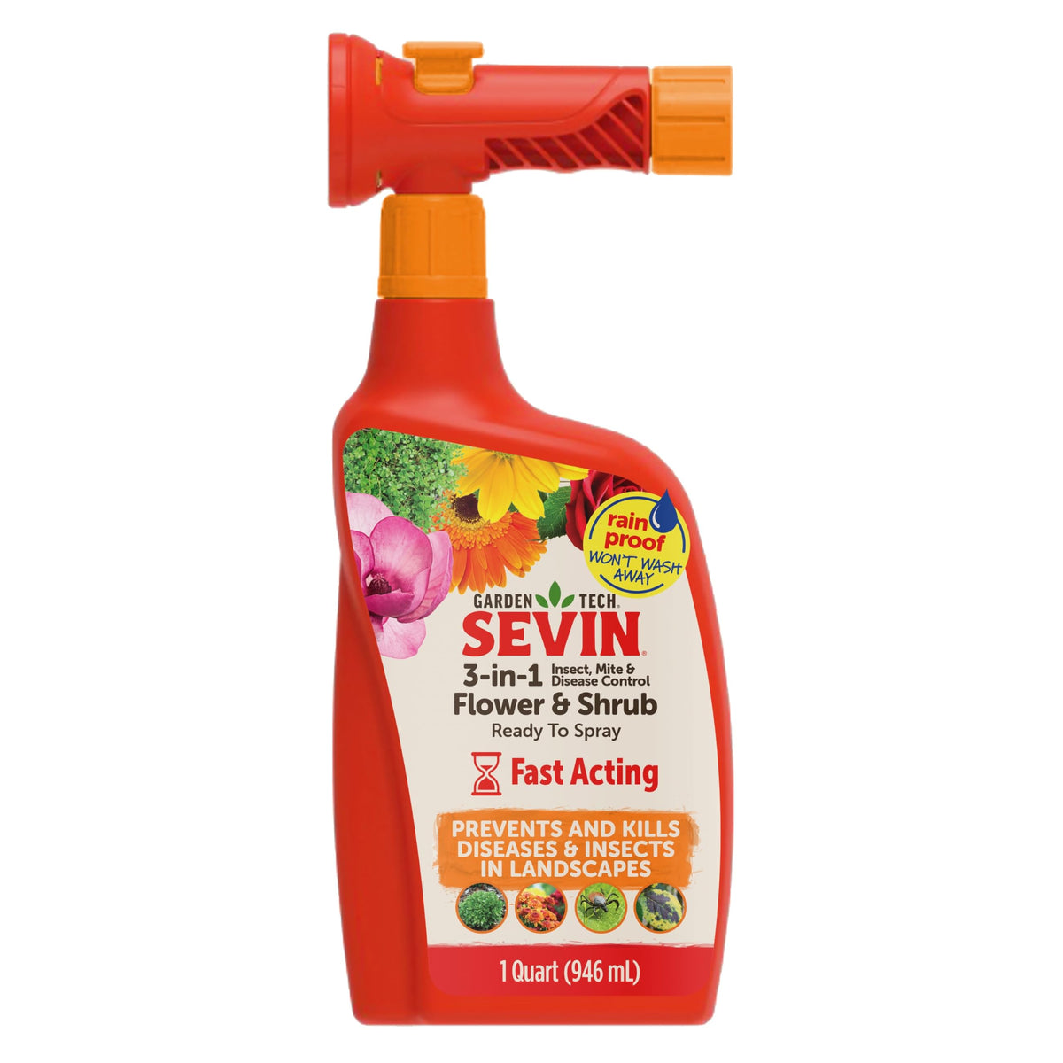 Sevin 3-in-1 RTS bottle shown for flowers and shrubs, ready to spray for quick pest control.