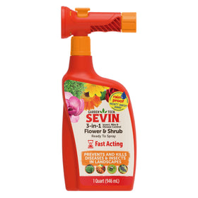 Sevin 3-in-1 RTS bottle shown for flowers and shrubs, ready to spray for quick pest control.