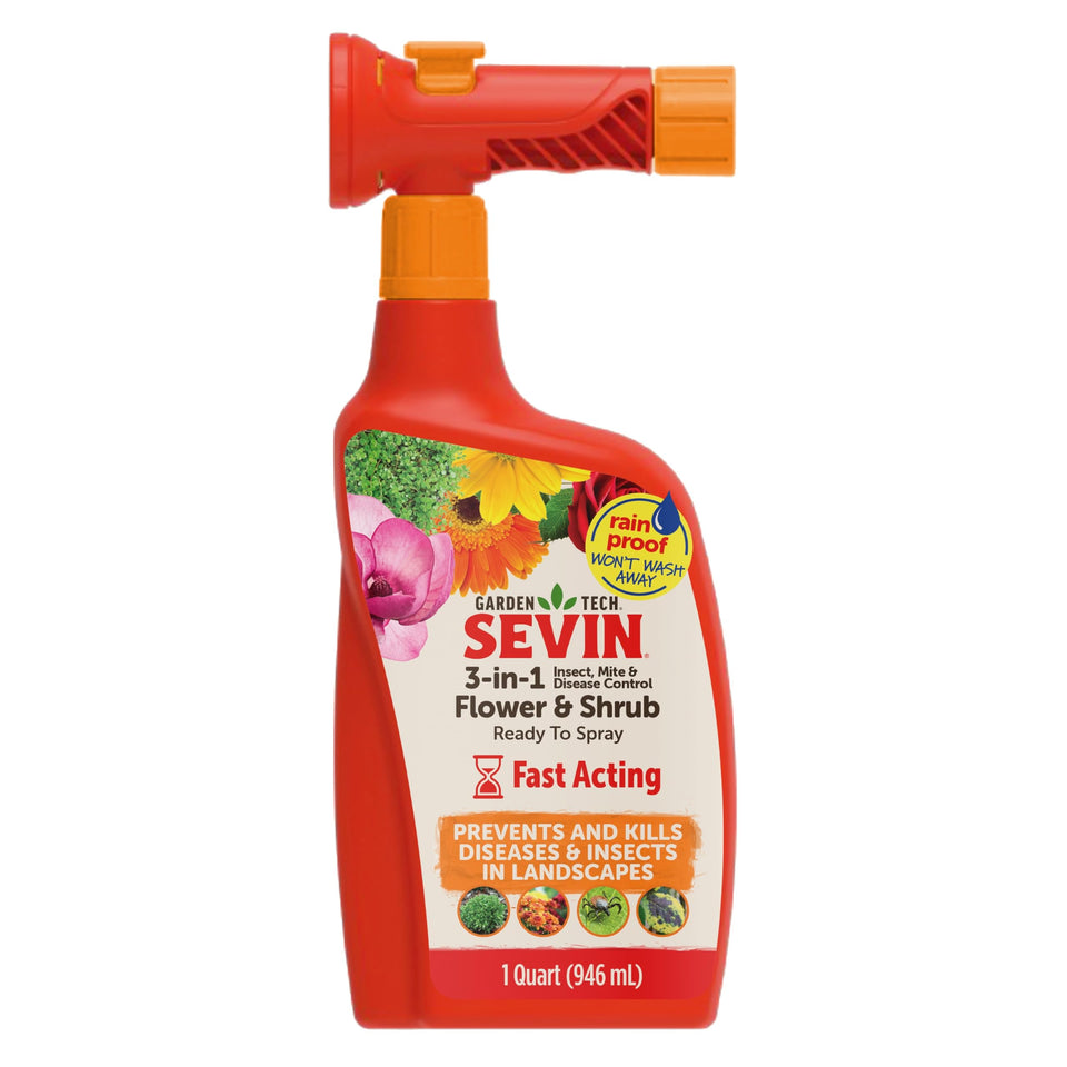 Sevin 3-in-1 RTS bottle shown for flowers and shrubs, ready to spray for quick pest control.