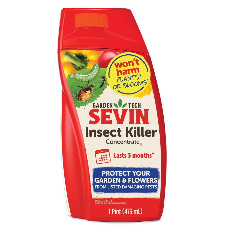 Sevin insect killer concentrate bottle ready for garden use against pests.