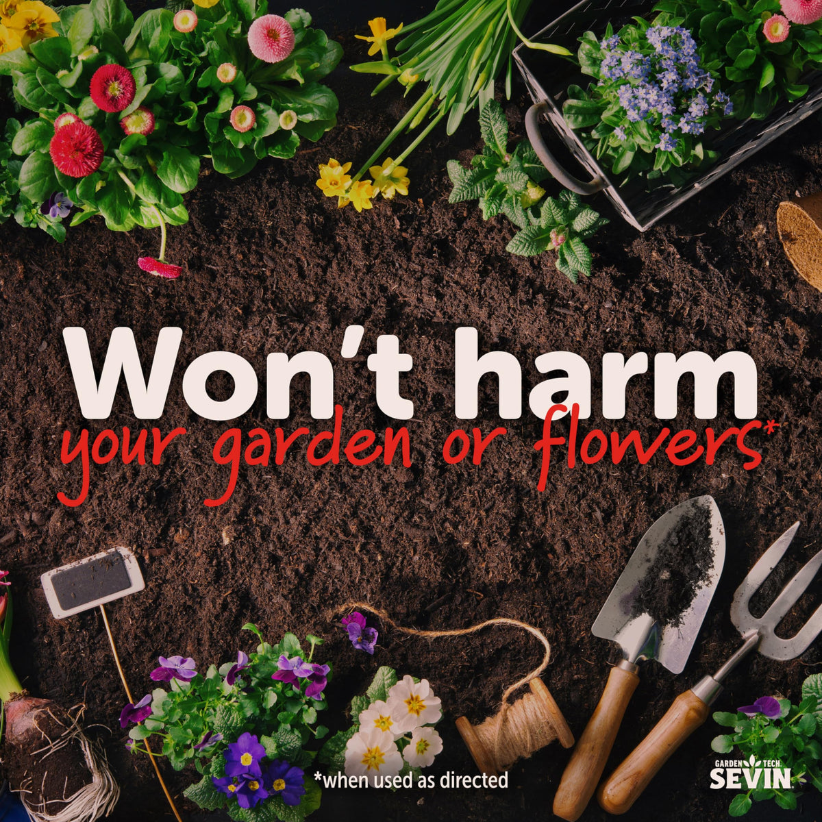 Sevin concentrate near garden beds for broad pest protection.