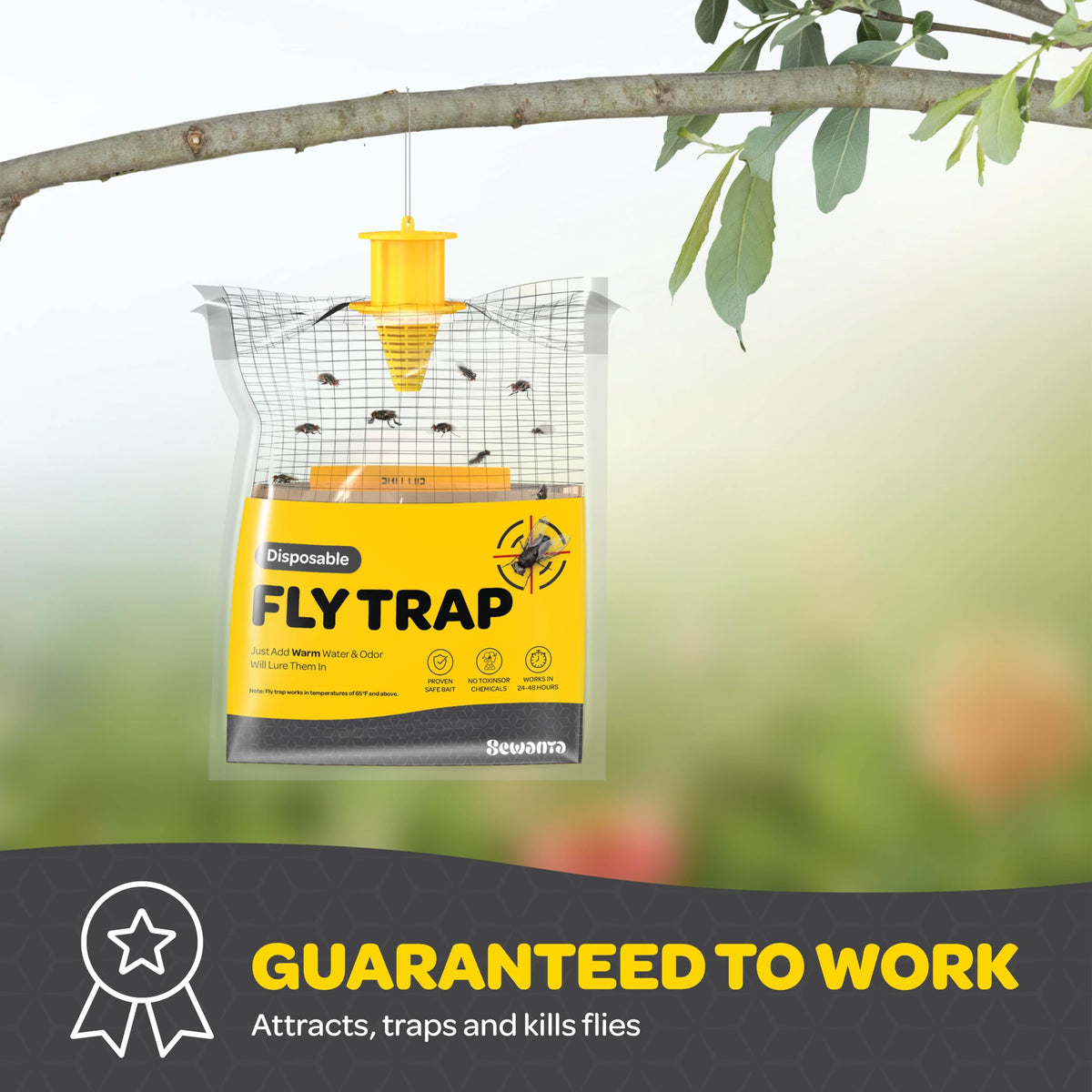 SEWANTA Fly trap bag ready-to-use concept emphasizes simple, stress-free setup outdoors.