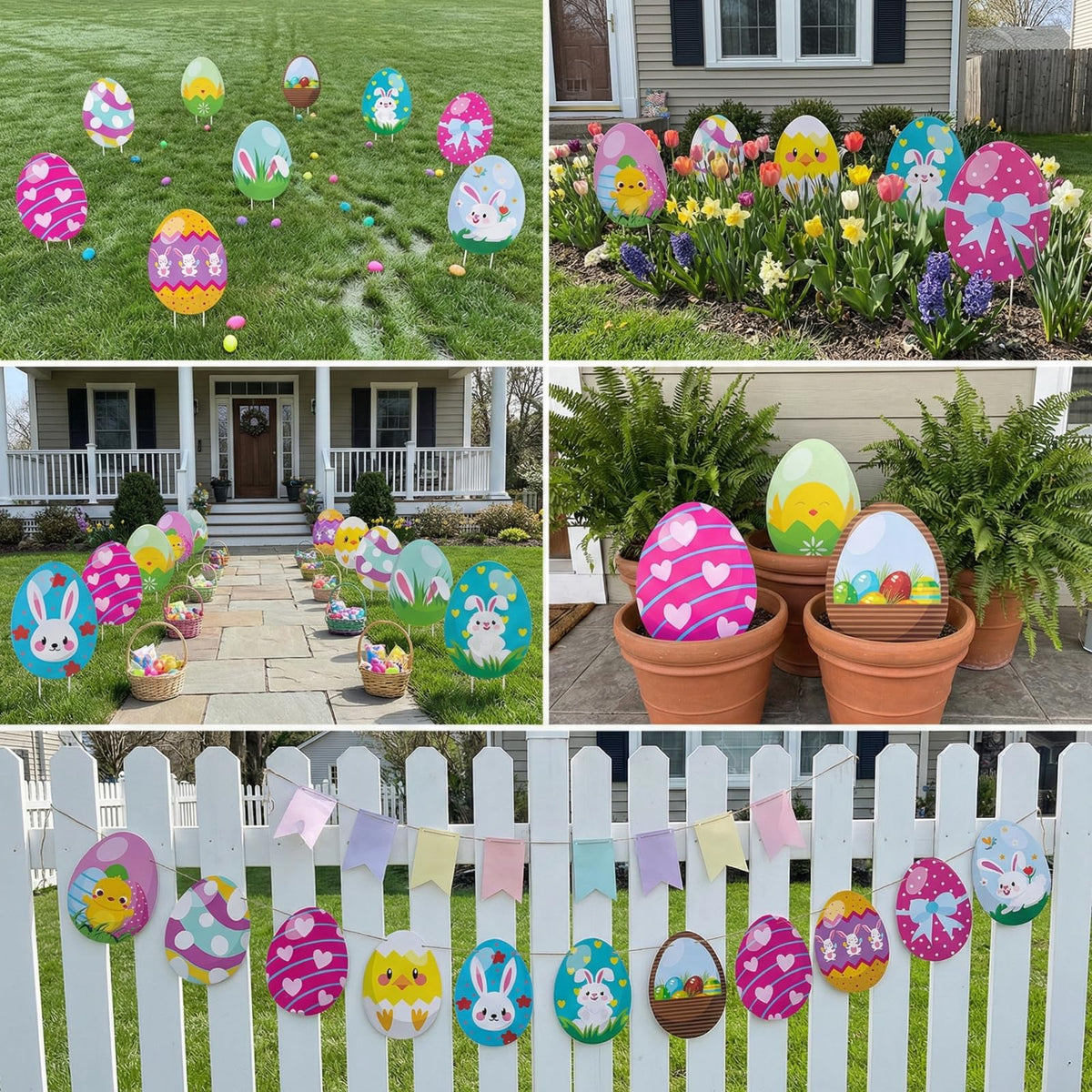 SewRung Easter yard decor complements flower beds, fences, and pathways