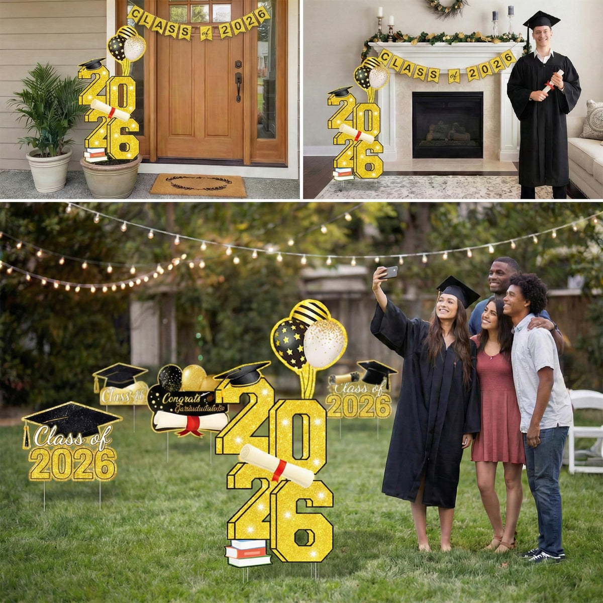 Sewrung graduation yard decor kit enhances outdoor party atmosphere.