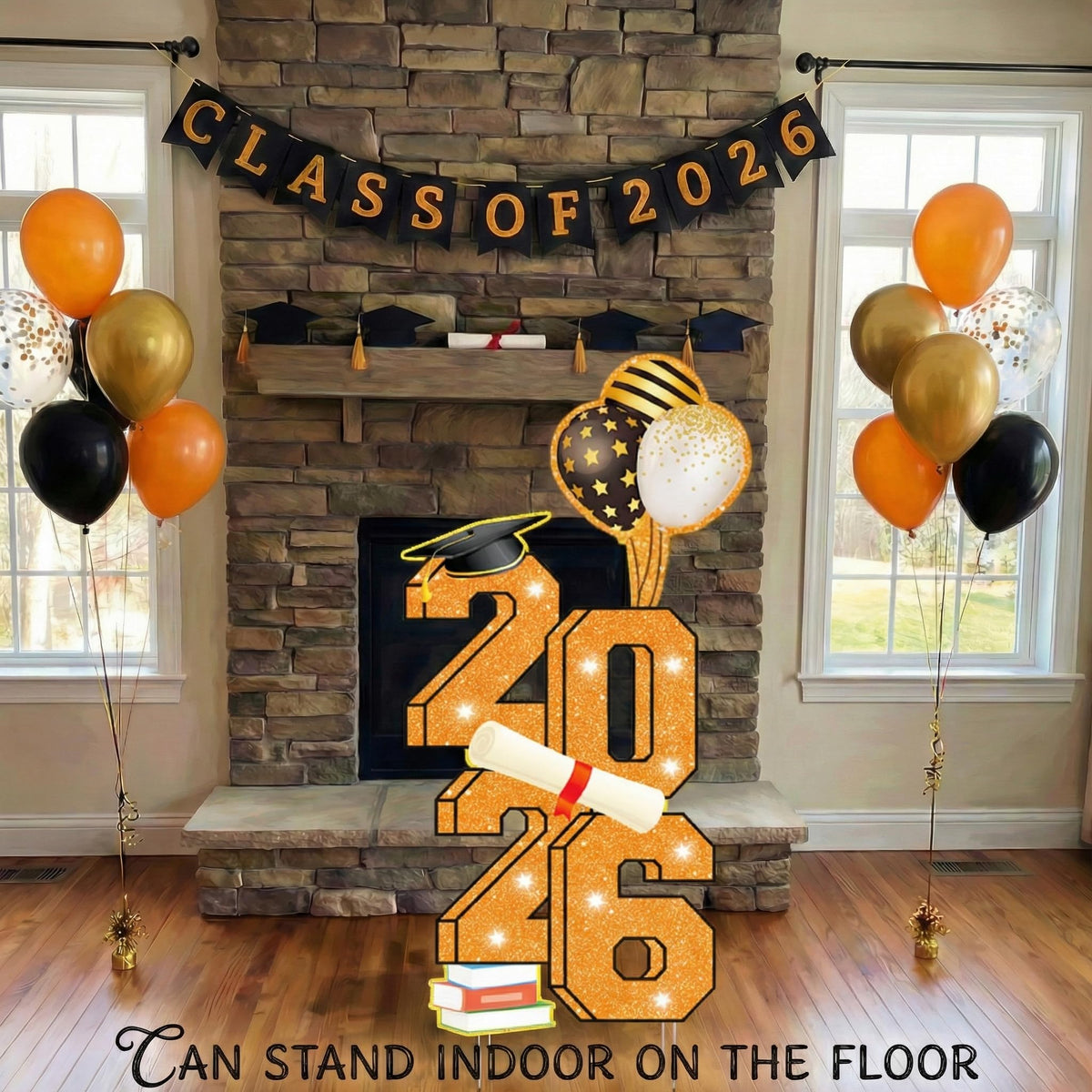 Sewrung outdoor indoor congrats sign enhances party decor.