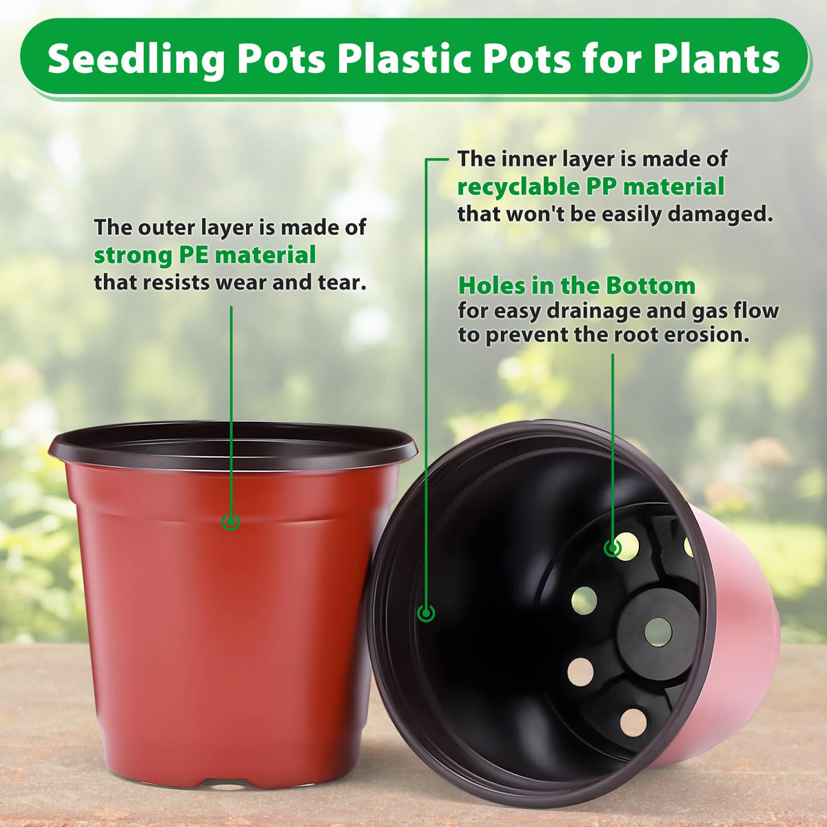 Sfee reusable plastic nursery pots suitable for multiple gardening seasons.