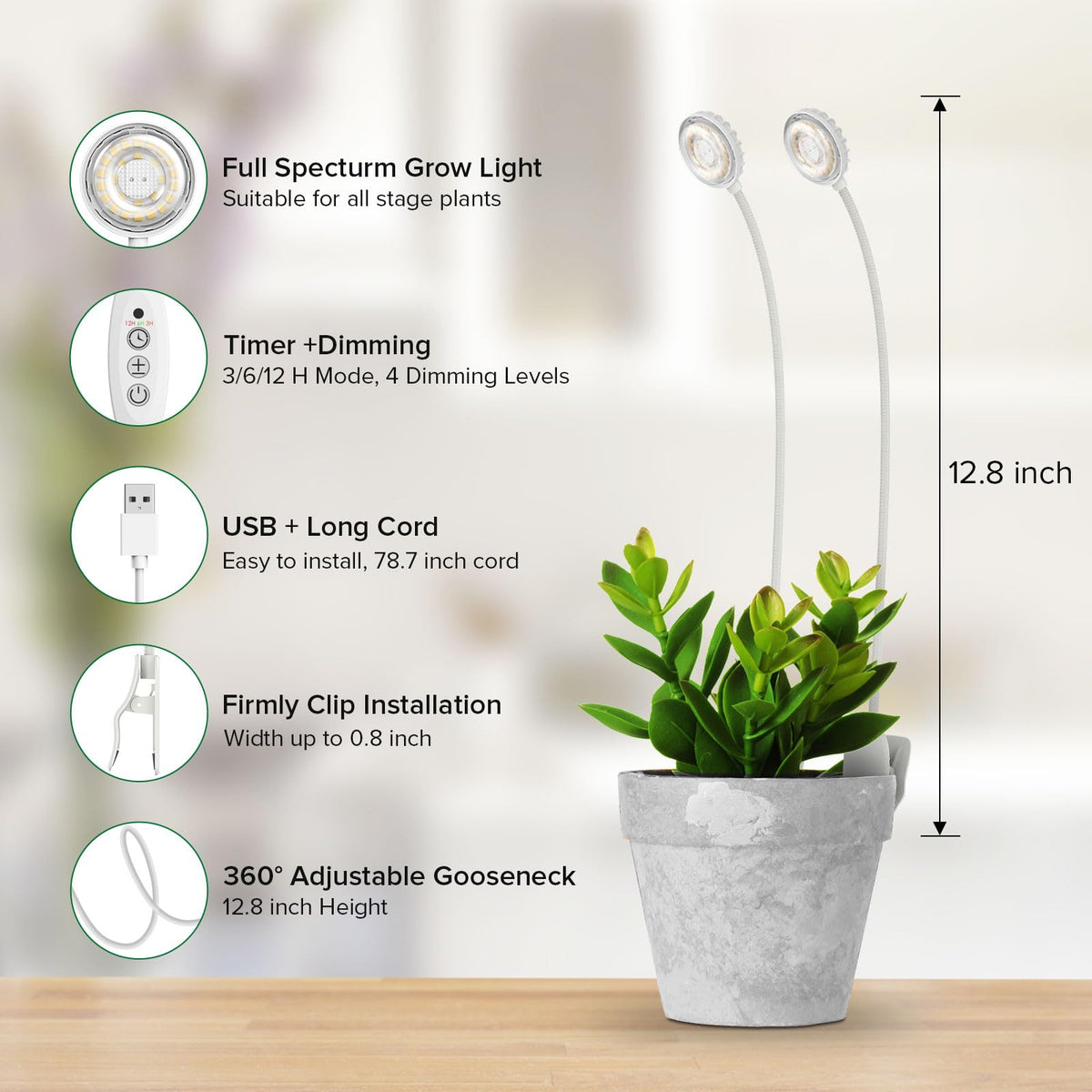 SGLEDs compact 14W white clip-on plant light ideal for succulents and herbs.