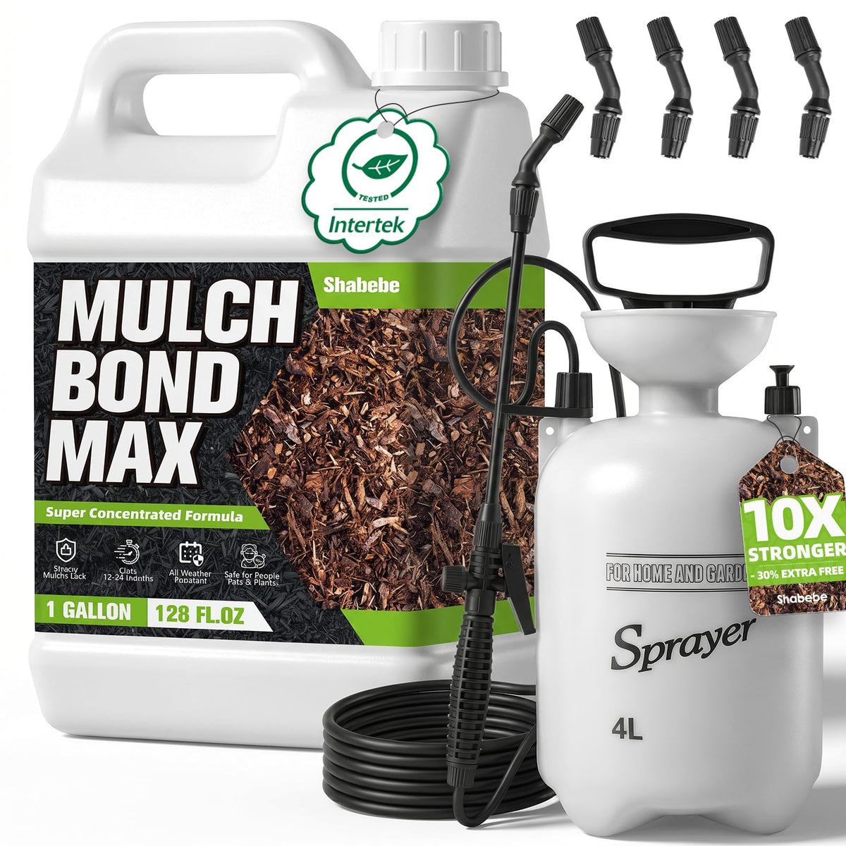 Shabebe mulch bond bundle sprayer demonstrates even spray coverage for beds and borders.