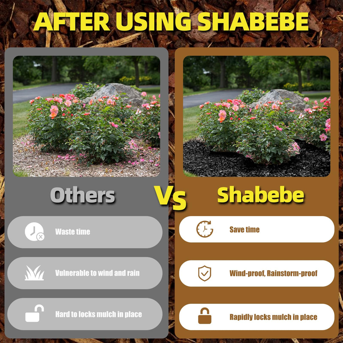 Shabebe Mulch Bond durable hold against wind and rain for tidy beds.