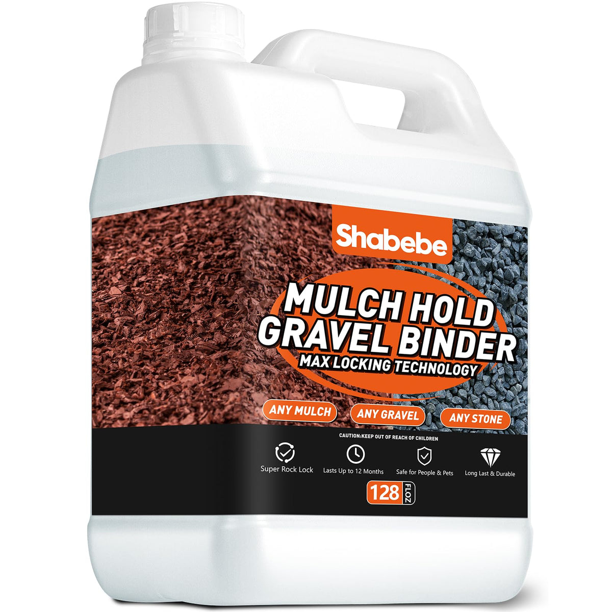 Shabebe Mulch Hold bottle pour demonstrates easy application for gravel bonds.