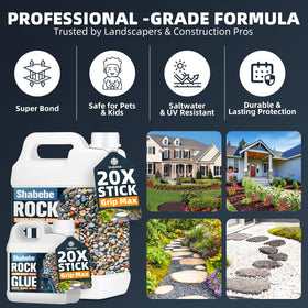 Shabebe Rock Glue spray application demonstrates easy, mess-free bonding for gravel and mulch.
