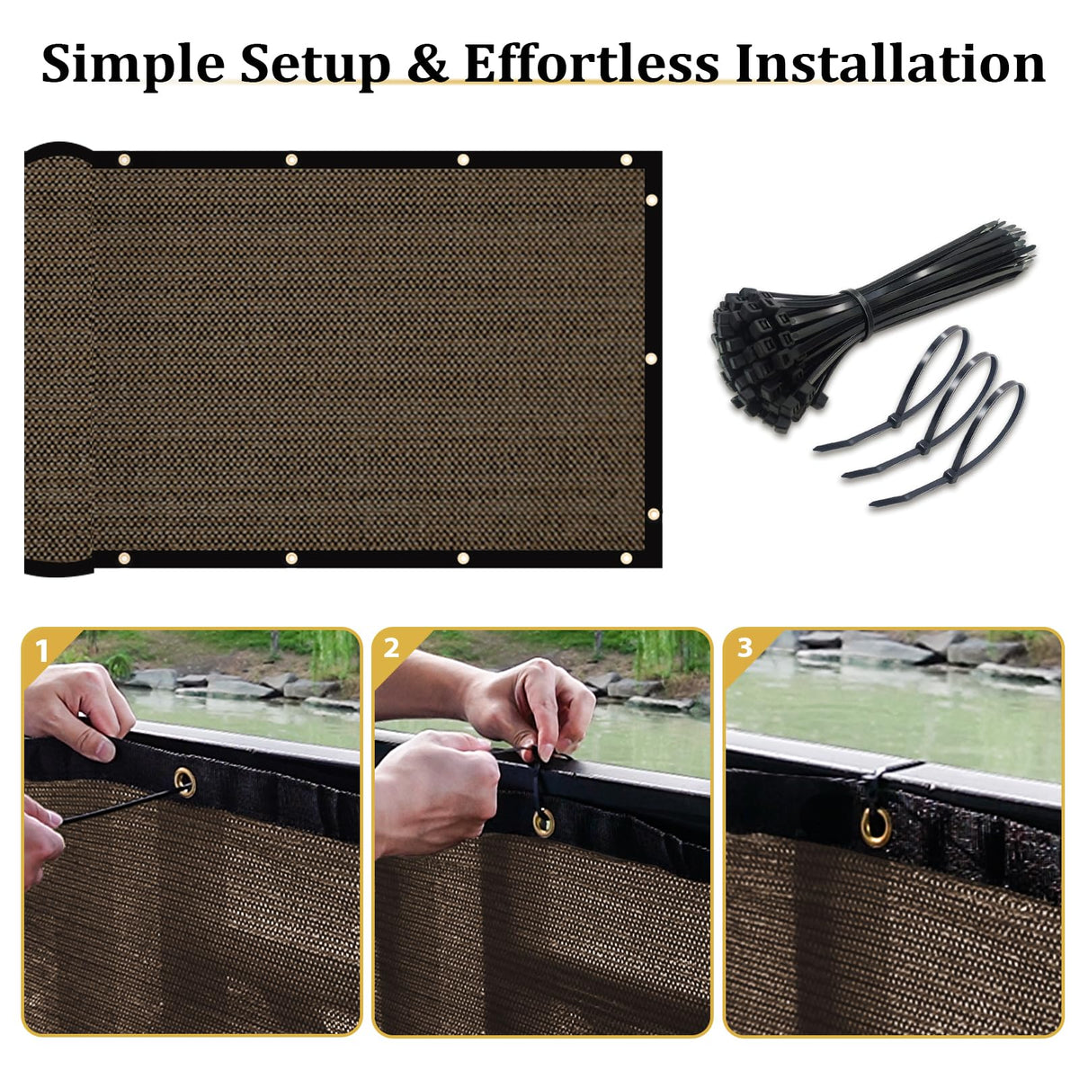 Shade&Beyond installation with zip ties demonstrates quick, tool-free setup.