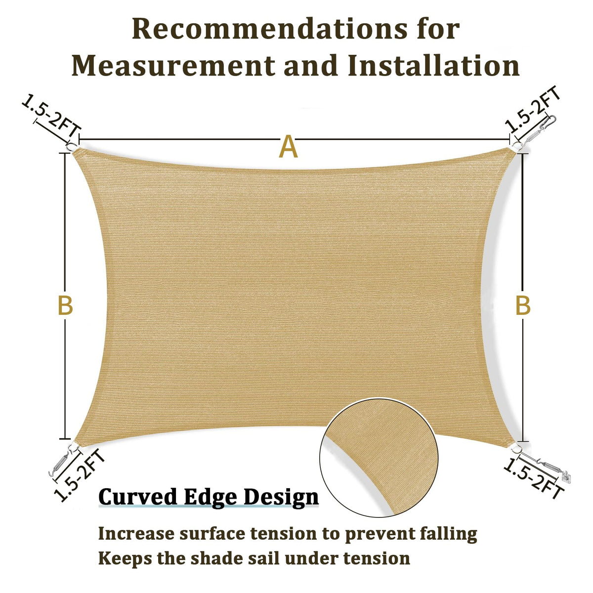 Shade&Beyond Rectangle Sun Shade Sail in Sand with curved edges sheds water more easily.