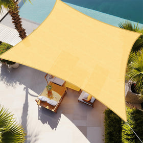 Shade&Beyond Rectangle Sun Shade Sail in Sand covers a patio and reduces sun exposure.