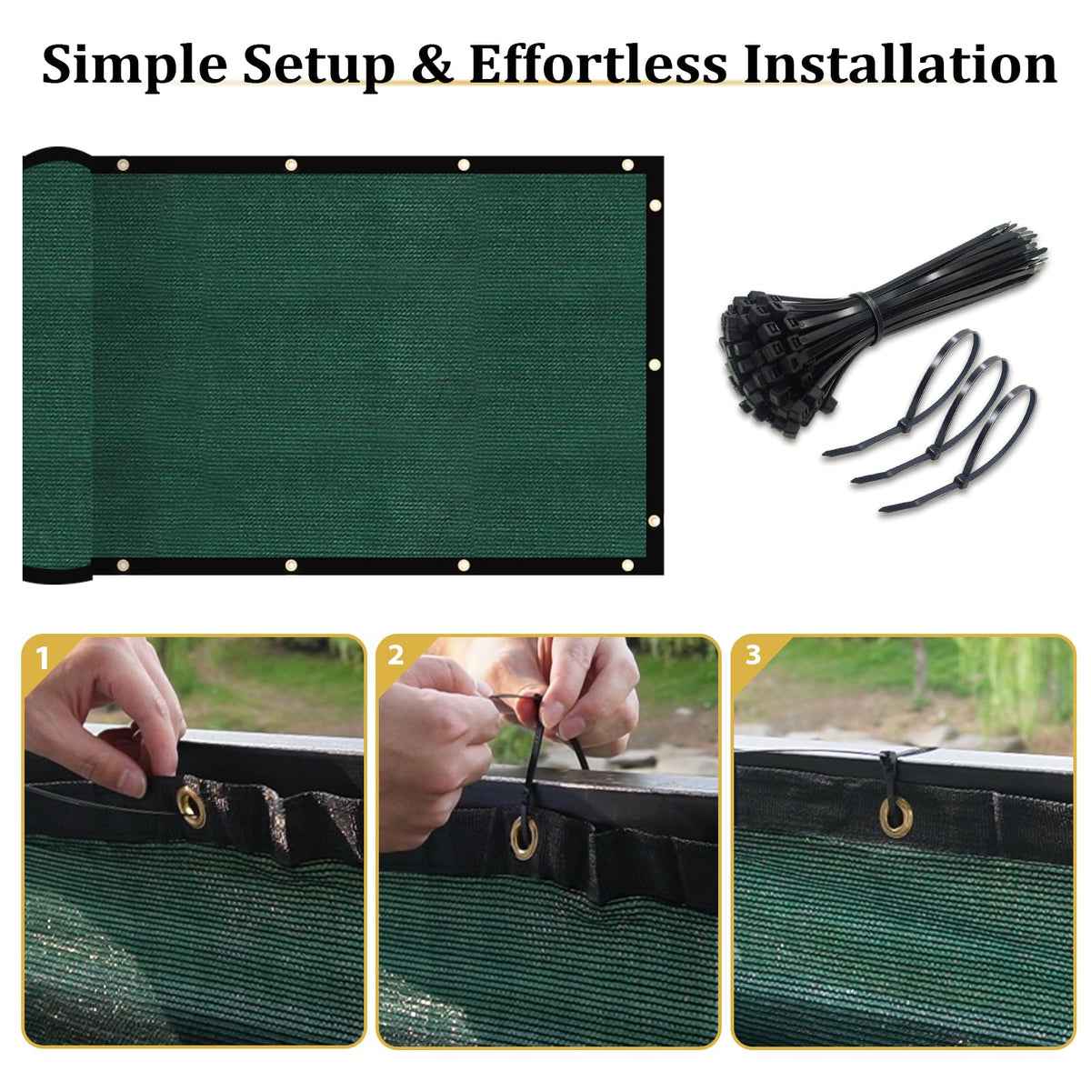 Shade&Beyond fence privacy screen installed with zip ties for quick setup.
