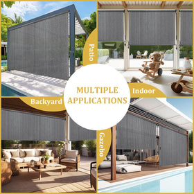 Shade&Beyond gray fabric outdoor shade blends with exterior decor.
