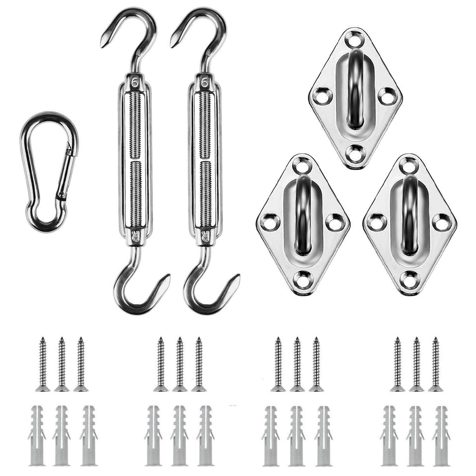 Shade&Beyond triangle hardware kit overview for secure outdoor shade sail installation