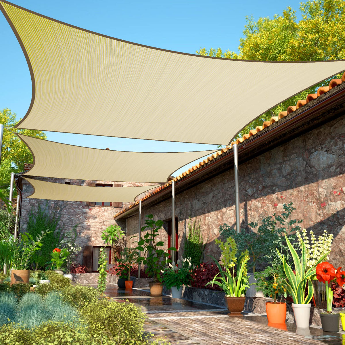 ShadeMart 14x18 beige sun shade sail rectangle installed as patio canopy