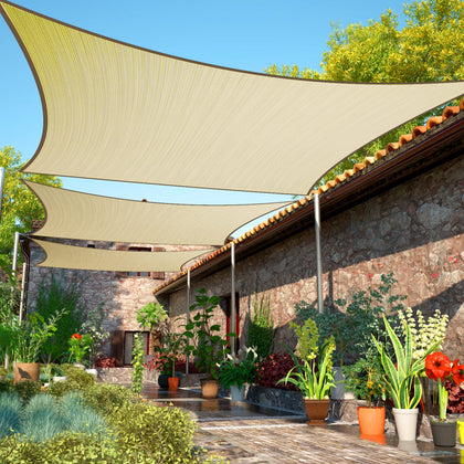 ShadeMart 16x16 beige shade sail ready for sun protection on patio.