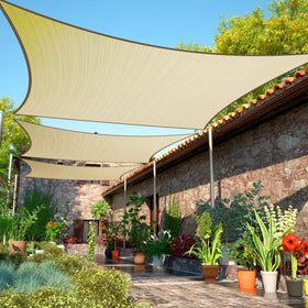 ShadeMart 8x14 beige shade sail over patio, providing stylish shade and UV protection