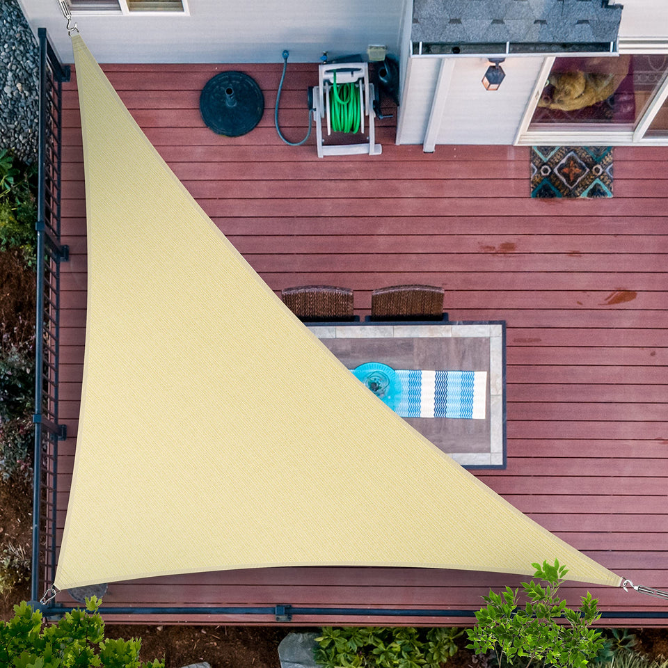ShadeMart beige triangle sail closeup showing durable fabric texture and UV protection.