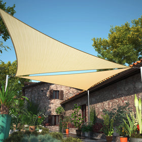 ShadeMart SMSLT triangle beige shade sail installed on patio for cooler shade