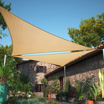 ShadeMart triangle shade sail 10x10 fabric close-up, breathable weave reduces heat and blocks UV rays
