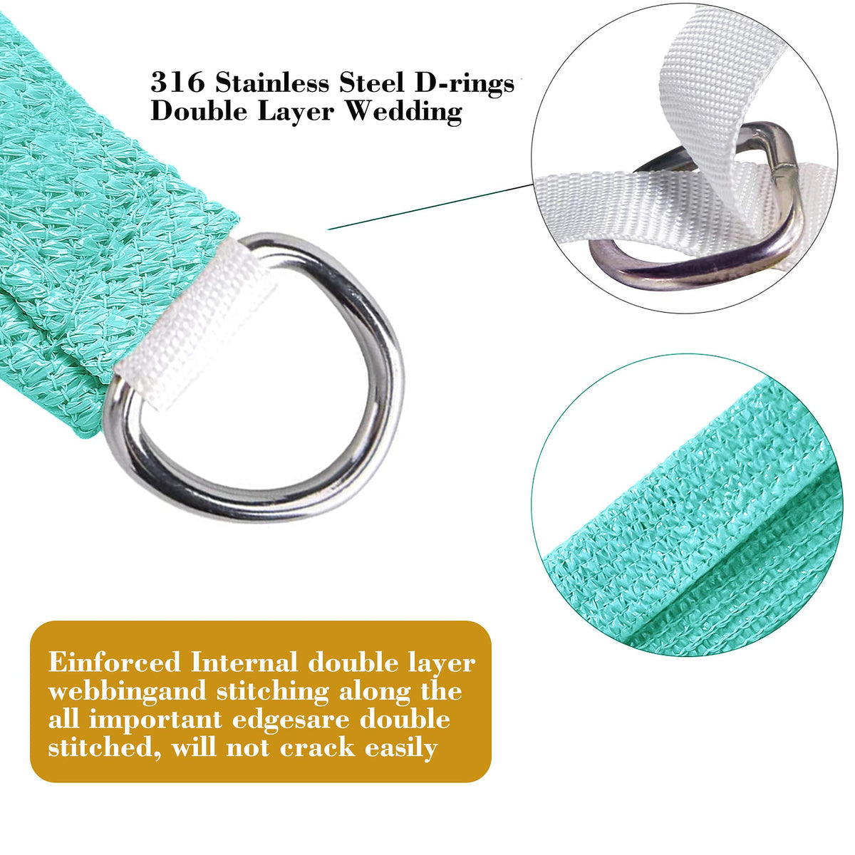 Shadespeare turquoise triangle shade sail on patio enhances outdoor comfort and decor.
