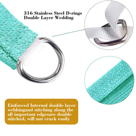 Shadespeare turquoise triangle shade sail on patio enhances outdoor comfort and decor.