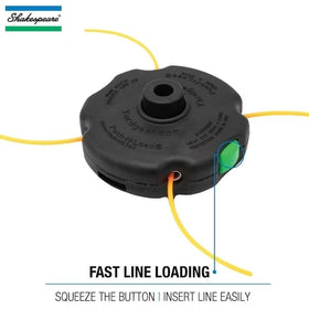 Shakespeare Push-N-Load head, side view, compatible with most gas trimmers.