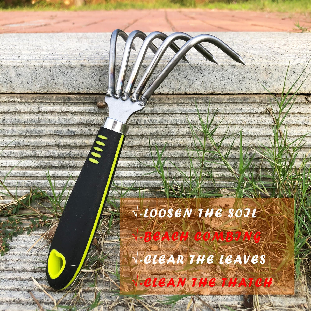 SHANFEEK Landscape Rake with wood handle for ergonomic gardening sessions.