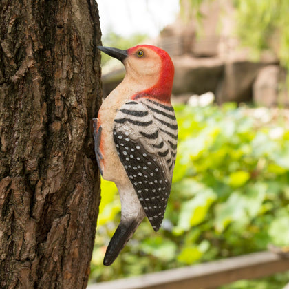 SHAODIE red-bellied woodpecker statue perched on a branch for patio decor.