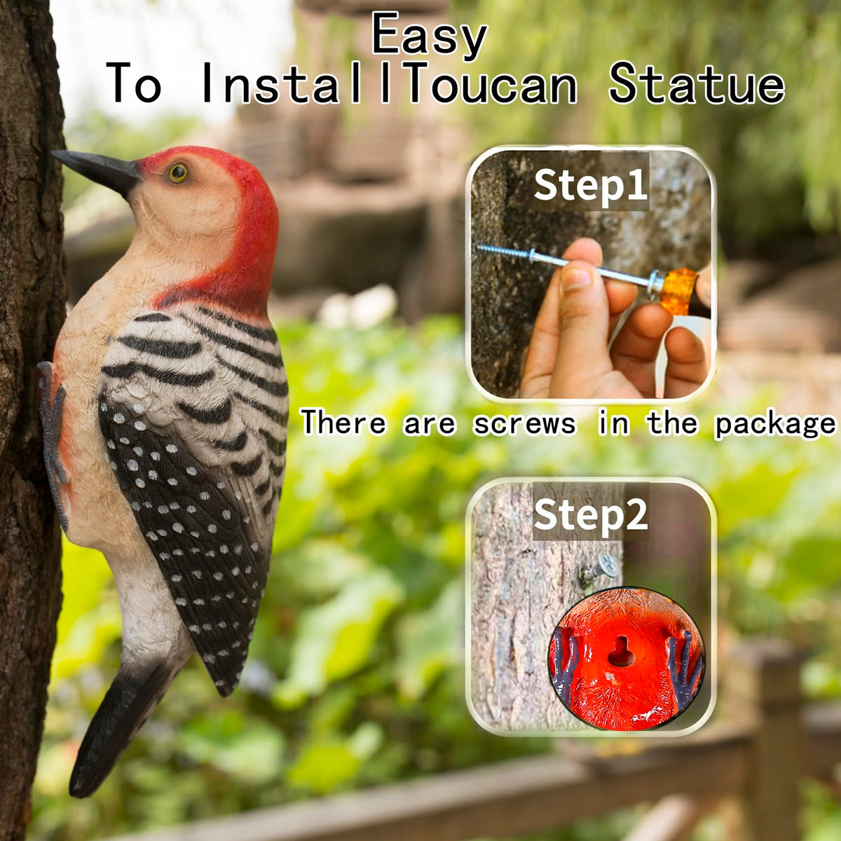 SHAODIE bird statue mounted on a tree trunk creates a natural focal point.