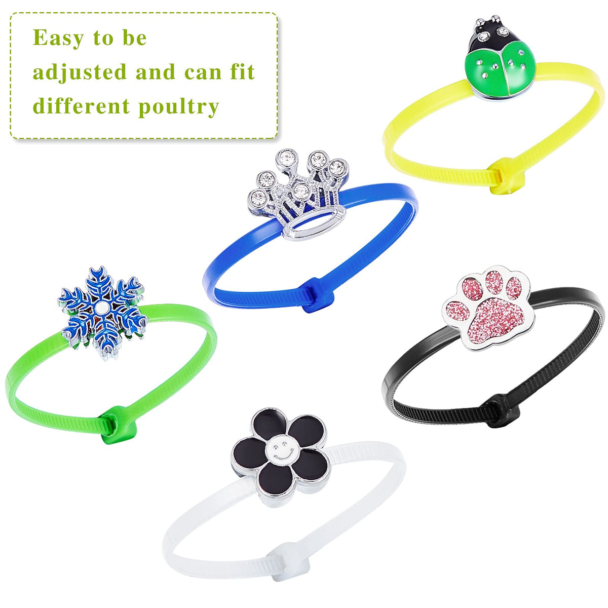 Shappy durable plastic bands and metal charms resist wear and reuse.