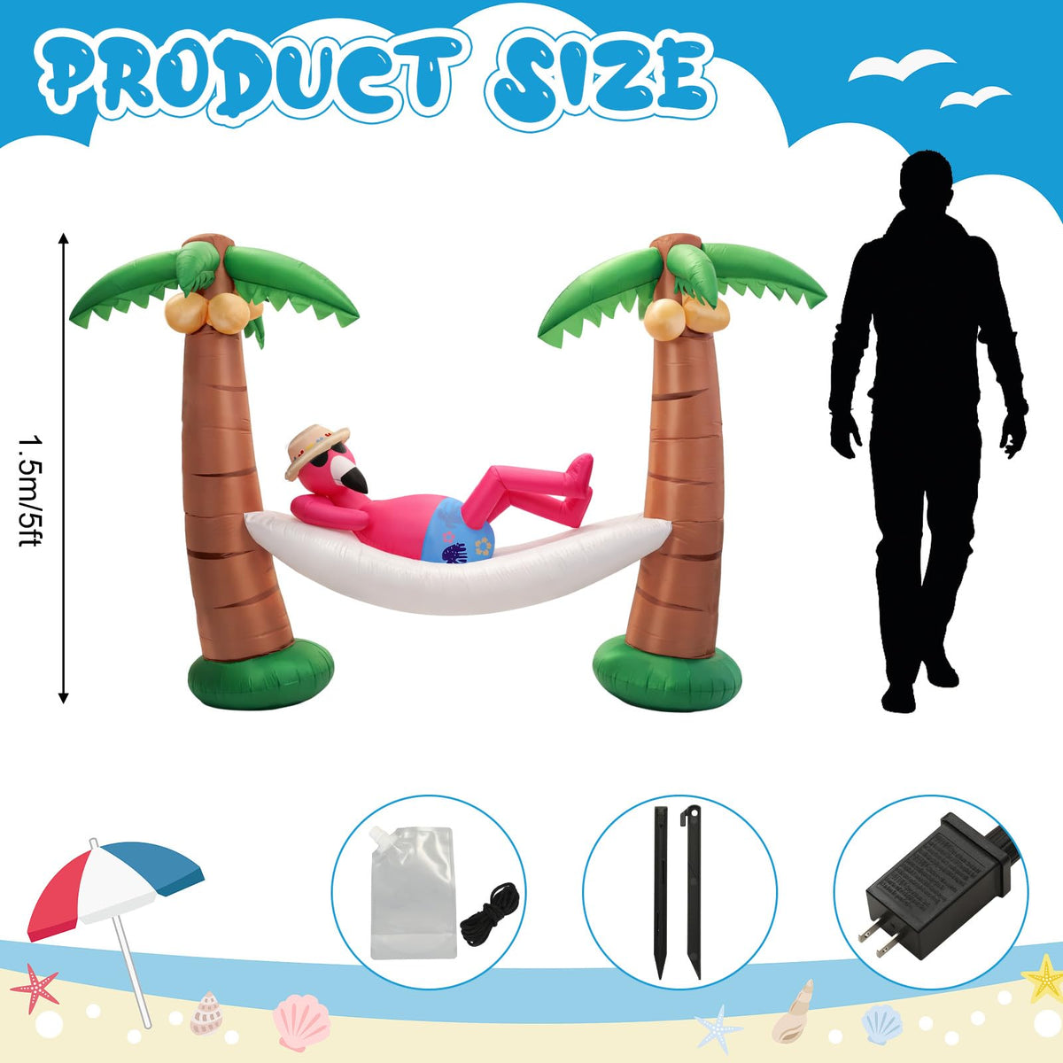 Shappy flamingo hammock scene inflatable creates a playful poolside centerpiece.