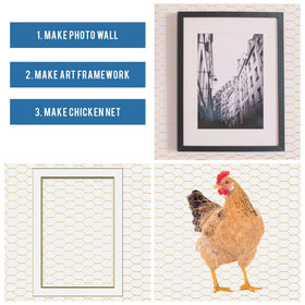 Shappy gold chicken wire net photo wall panel for displays.