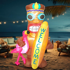 Shappy tiki flamingo decor with LED lights enhances evening luau vibes