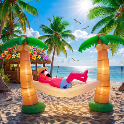Shappy 5ft inflatable flamingo with palm trees adds tropical yard decor for summer parties.