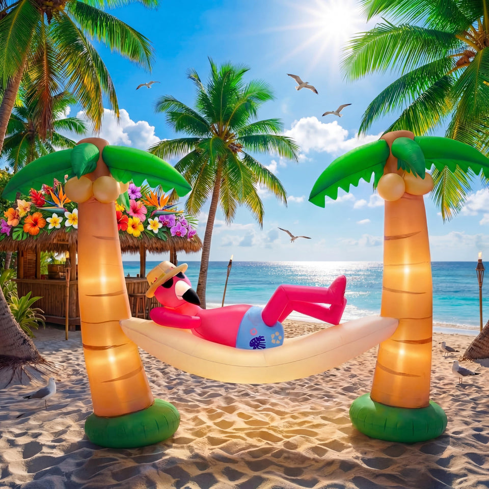 Shappy 5ft inflatable flamingo with palm trees adds tropical yard decor for summer parties.