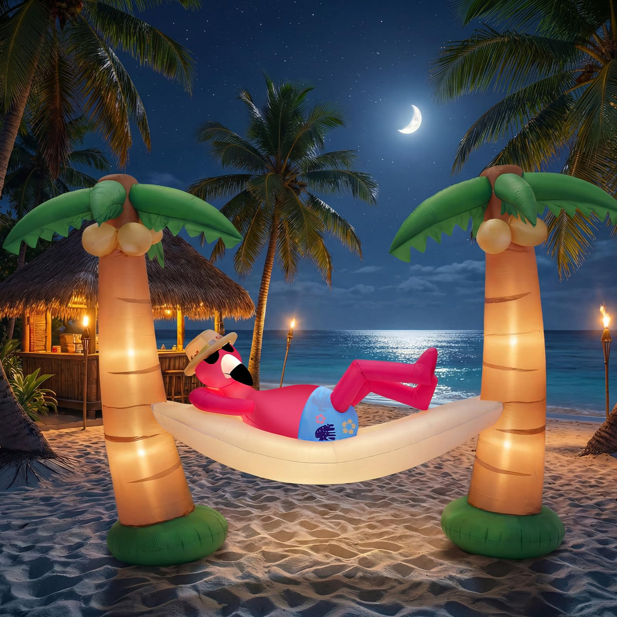 Shappy yard decor brings tropical luau vibes to the garden at dusk.