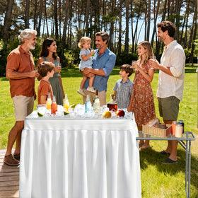 ShareWIN folding ice table with skirt displays beverages elegantly.